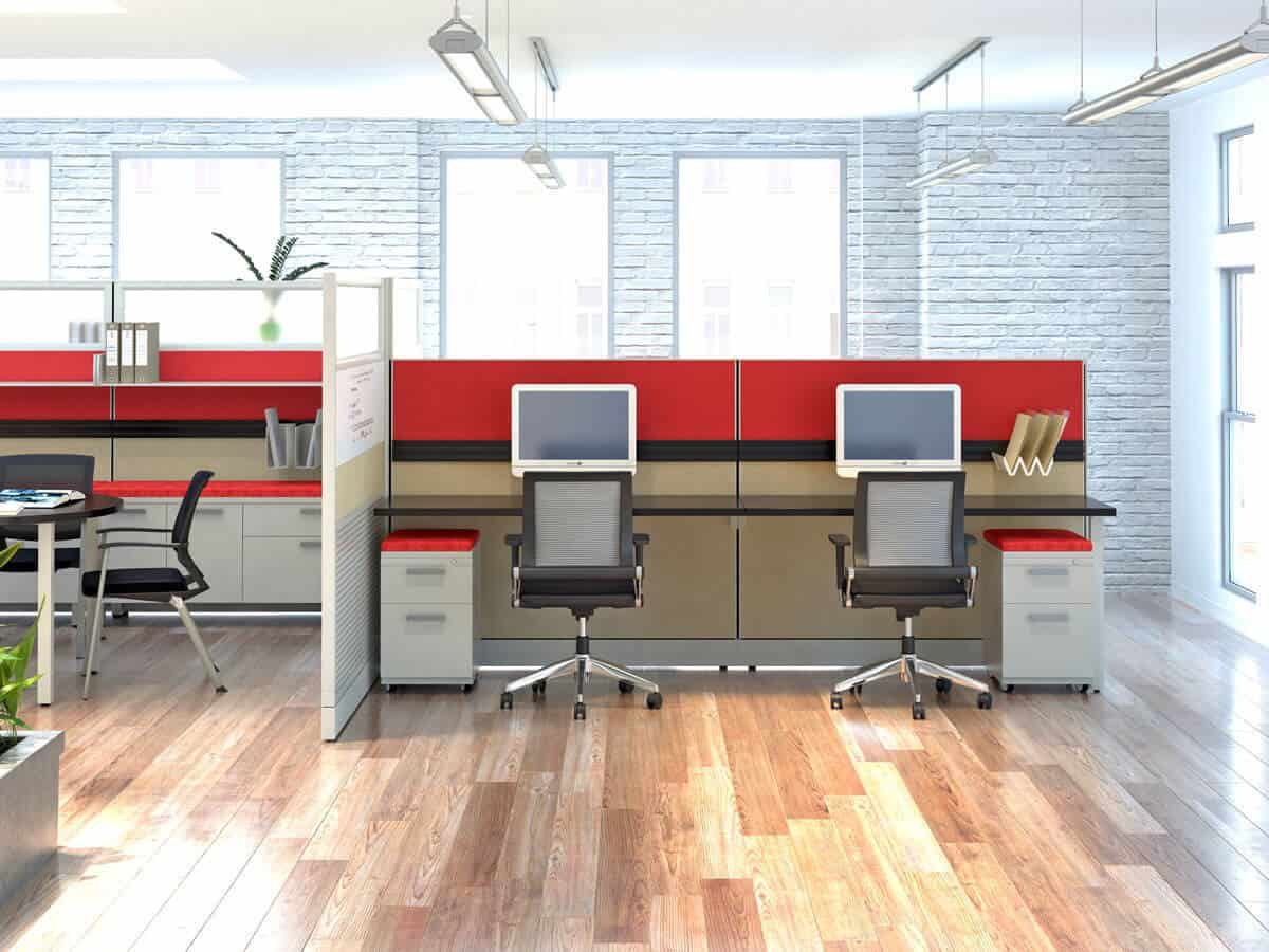 Benching workstations with red accent