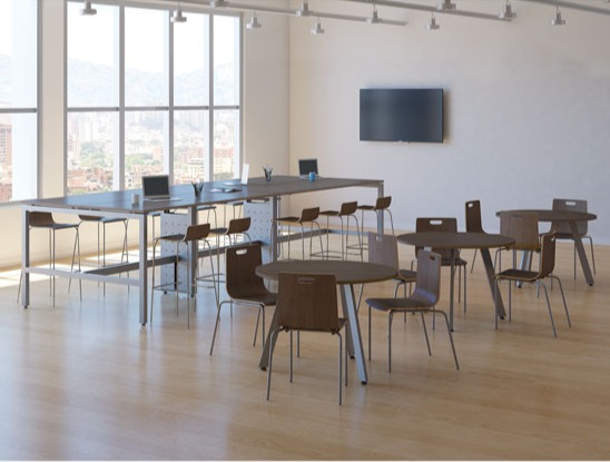Break room with high tables and stools