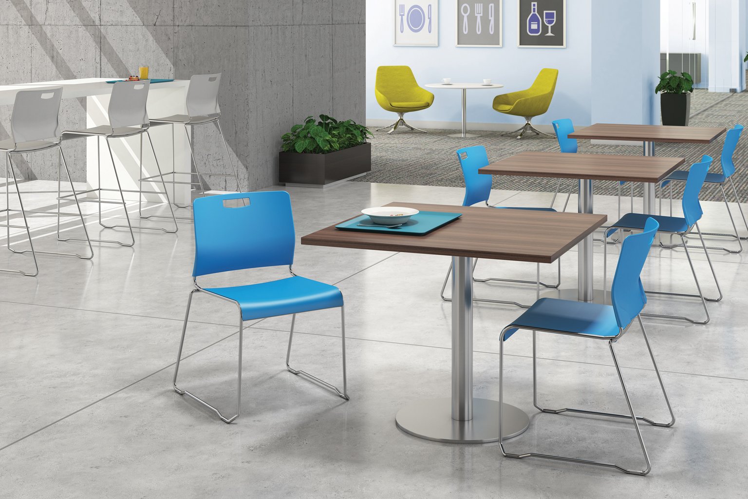 Cafe with blue stack chairs and yellow lounge