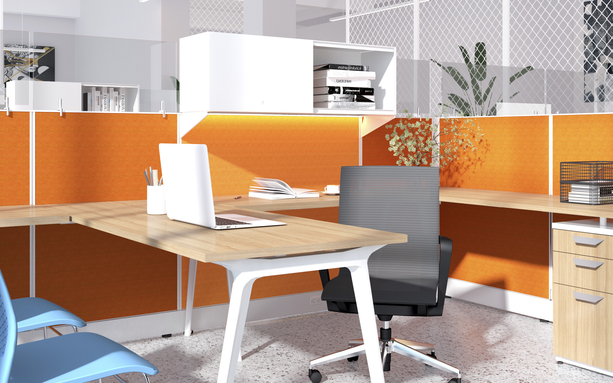 Orange cubicle workstation with overhead storage