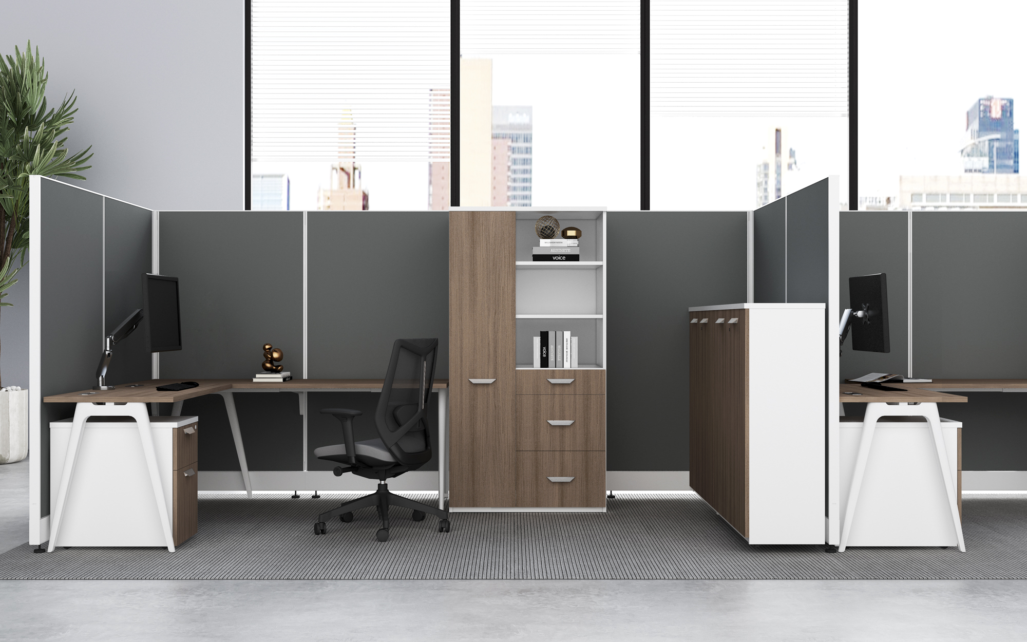 Modern walnut cubicles with monitor arms