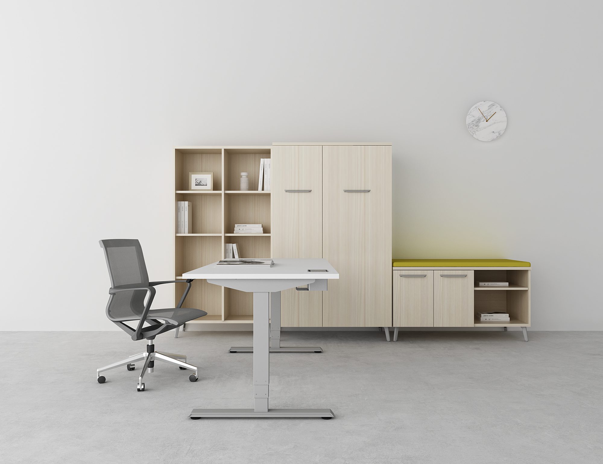 Sit/stand desk with bookcase and bench