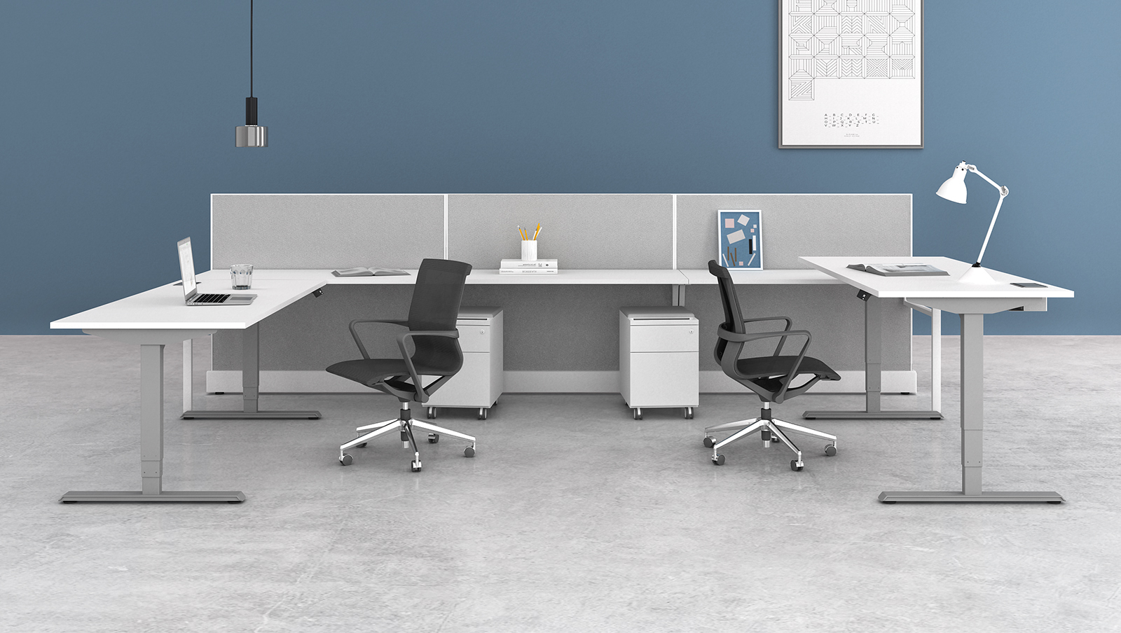 Sit/stand desks against blue wall